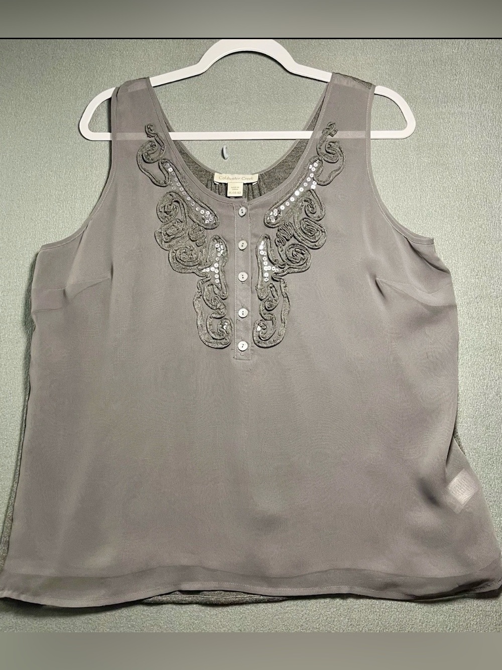 Coldwater Creek Plus Size 14/16 Gray Embroidered Sequin Tank Blouse Workwear